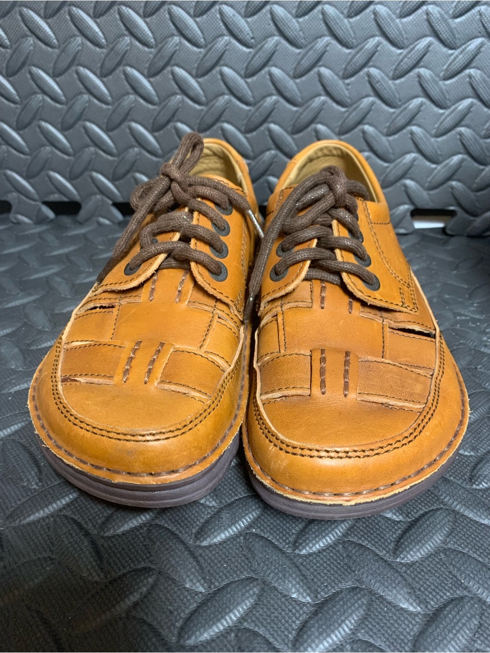 Women's Woven Leather Lace-Up Flats in Cognac Brown